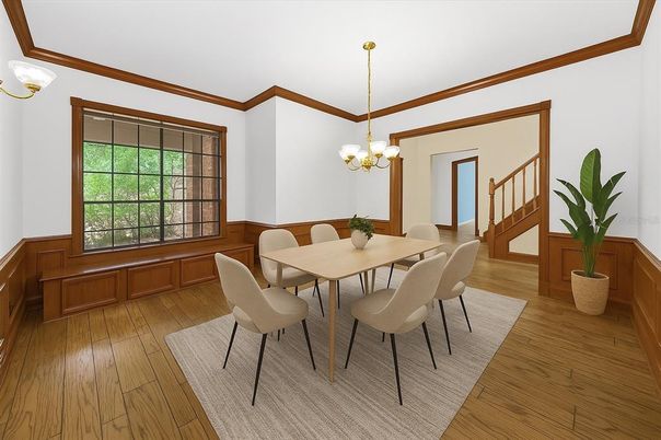 Chandelier, Dining room, Interior, Wood Texture Flooring