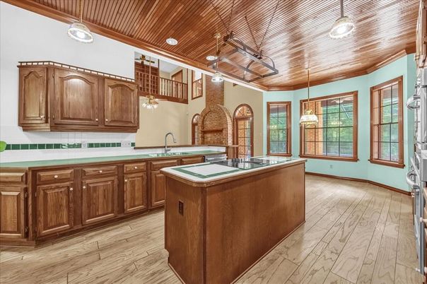 Interior, Kitchen, Pendant Lights, Recessed Lighting, Wooden Ceilings, Wood Texture Flooring