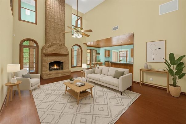 Fireplace, Interior, Living room, Pendant Lights, Stone Walls, Wood Texture Flooring