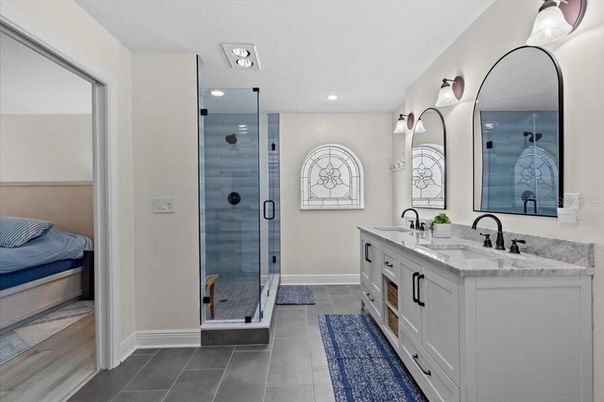 Bathroom, Dual Sink Vanities, Glass Shower, Interior, Recessed Lighting