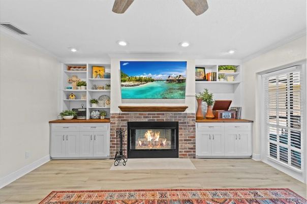 Fireplace, Interior, Recessed Lighting, Wood Texture Flooring