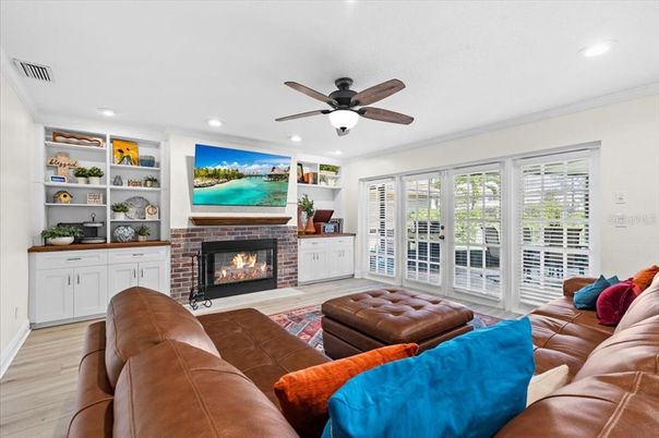 Fireplace, Interior, Living room, Recessed Lighting, Wood Texture Flooring