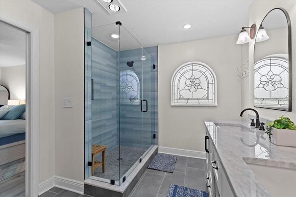 Bathroom, Dual Sink Vanities, Glass Shower, Interior, Recessed Lighting