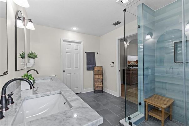 Bathroom, Dual Sink Vanities, Glass Shower, Interior, Recessed Lighting