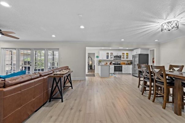 Dining room, Interior, Kitchen, Living room, Recessed Lighting, Wood Texture Flooring