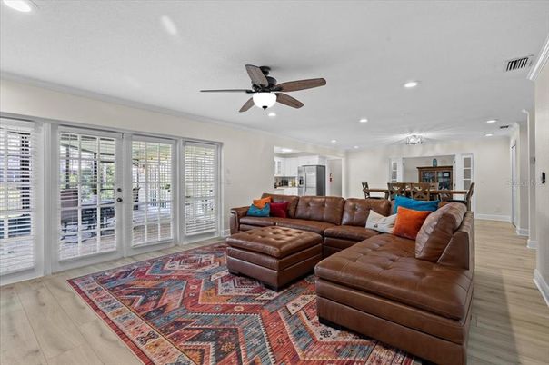 Dining room, Interior, Living room, Recessed Lighting, Wood Texture Flooring