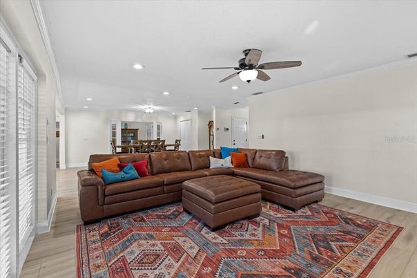 Dining room, Interior, Living room, Recessed Lighting, Wood Texture Flooring