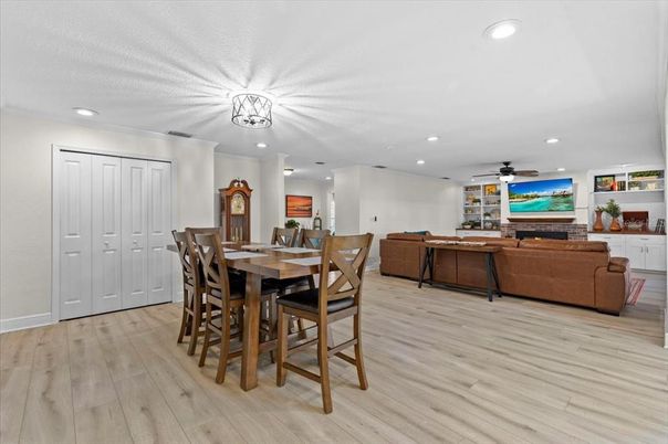 Dining room, Interior, Living room, Recessed Lighting, Wood Texture Flooring