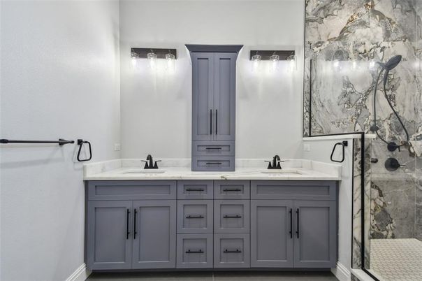 Bathroom, Dual Sink Vanities, Glass Shower, Interior, Marble Walls