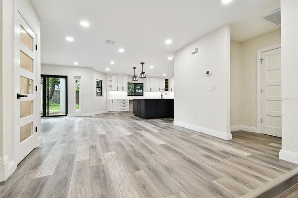 Interior, Kitchen, Pendant Lights, Recessed Lighting, Wood Texture Flooring