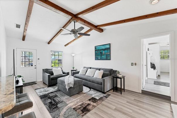 Interior, Living room, Recessed Lighting, Wooden Beams, Wood Texture Flooring