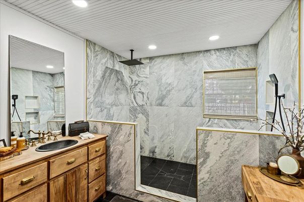 Bathroom, Interior, Marble Walls, Recessed Lighting