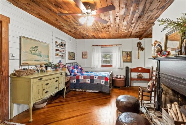 Bedroom, Fireplace, Interior, Wooden Ceilings, Wood Texture Flooring
