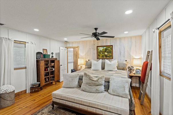 Bedroom, Interior, Recessed Lighting, Wood Texture Flooring