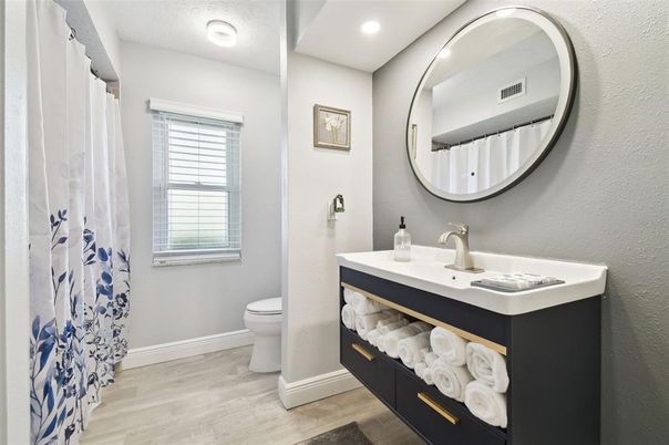 Bathroom, Interior, Recessed Lighting, Wood Texture Flooring