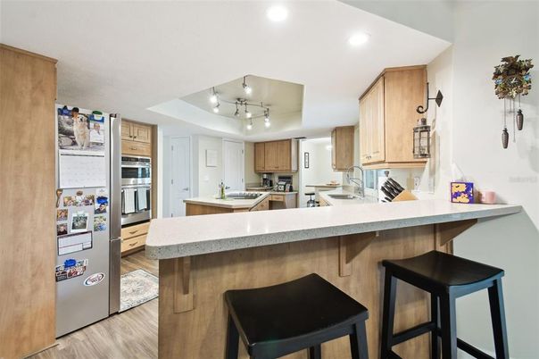 Interior, Kitchen, Recessed Lighting, Stainless Steel Appliances, Wood Texture Flooring