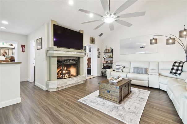 Fireplace, Interior, Living room, Recessed Lighting, Wood Texture Flooring