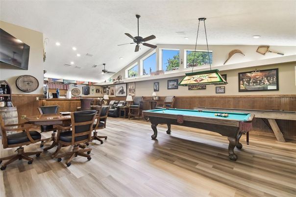 Billiard Table, Game Room, Home Office, Interior, Pendant Lights, Recessed Lighting, Wood Texture Flooring