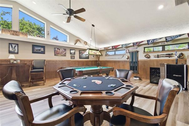 Billiard Table, Game Room, Interior, Pendant Lights, Recessed Lighting, Wood Texture Flooring