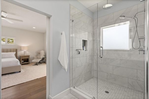 Bathroom, Bedroom, Glass Shower, Interior, Marble Walls, Recessed Lighting, Wood Texture Flooring