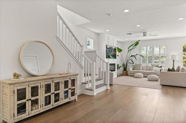 Fireplace, Interior, Living room, Recessed Lighting, Wood Texture Flooring