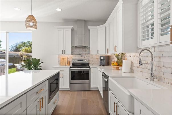 Interior, Kitchen, Pendant Lights, Recessed Lighting, Stainless Steel Appliances, Wood Texture Flooring