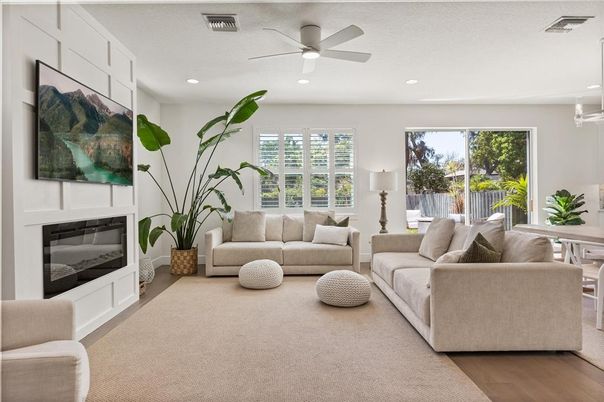 Dining room, Fireplace, Interior, Living room, Recessed Lighting, Wood Texture Flooring