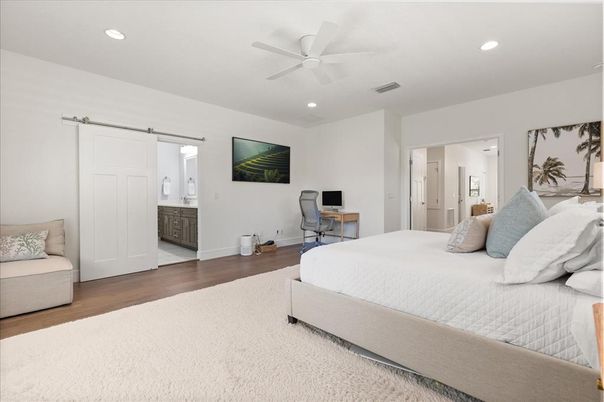 Bedroom, Interior, Recessed Lighting, Wood Texture Flooring