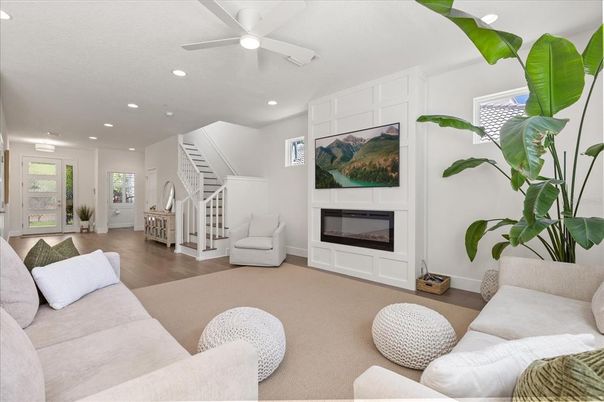Fireplace, Interior, Living room, Recessed Lighting, Wood Texture Flooring