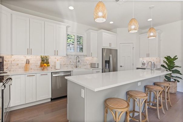 Interior, Kitchen, Pendant Lights, Recessed Lighting, Stainless Steel Appliances, Wood Texture Flooring