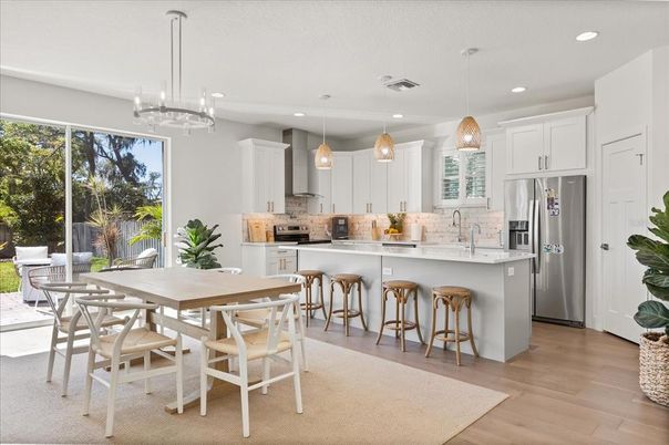 Dining room, Interior, Kitchen, Pendant Lights, Recessed Lighting, Stainless Steel Appliances, Wood Texture Flooring