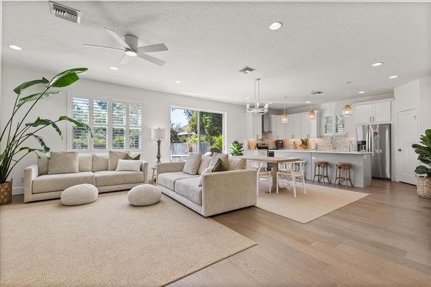 Dining room, Interior, Kitchen, Living room, Pendant Lights, Recessed Lighting, Stainless Steel Appliances, Wood Texture Flooring