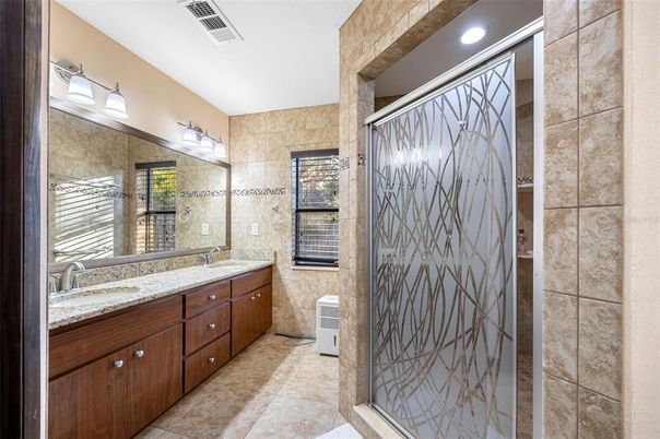 Bathroom, Dual Sink Vanities, Glass Shower, Interior, Recessed Lighting