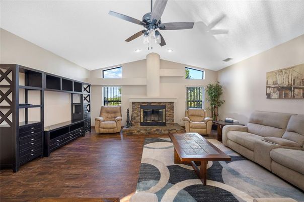 Fireplace, Interior, Living room, Recessed Lighting, Wood Texture Flooring