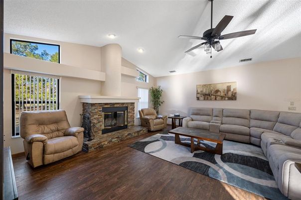 Fireplace, Interior, Living room, Recessed Lighting, Wood Texture Flooring