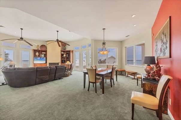 Dining room, Fireplace, Interior, Living room, Pendant Lights, Recessed Lighting
