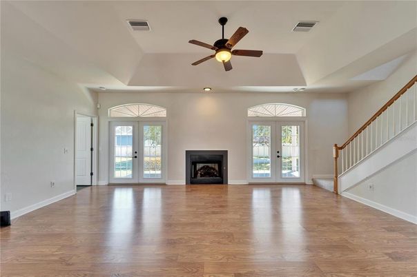Empty room, Fireplace, Interior, Recessed Lighting, Wood Texture Flooring