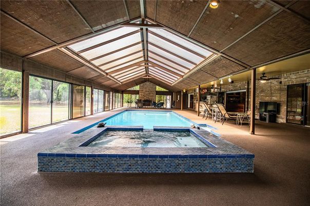 Fireplace, Interior, Pool, Stone Walls, Sun Room