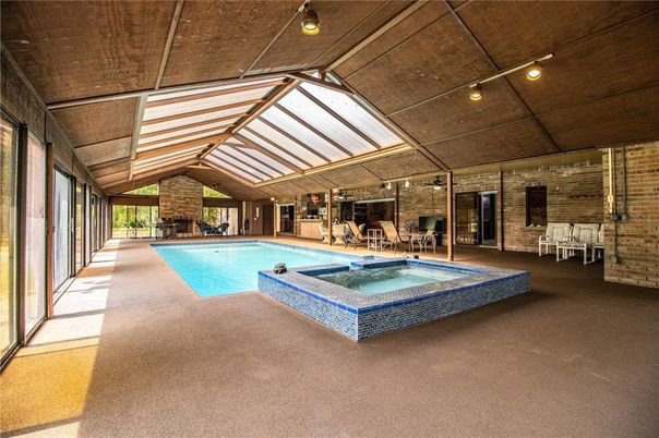Fireplace, Interior, Pool, Stone Walls, Wooden Ceilings