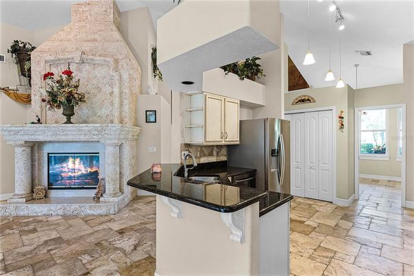 Fireplace, Interior, Kitchen, Pendant Lights, Stainless Steel Appliances