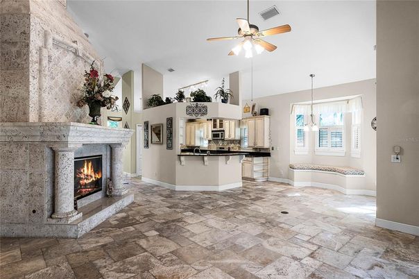 Fireplace, Interior, Kitchen, Pendant Lights