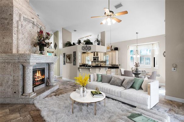 Dining room, Fireplace, Interior, Kitchen, Living room, Pendant Lights, Stainless Steel Appliances