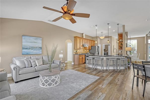 Interior, Kitchen, Living room, Pendant Lights, Recessed Lighting, Stainless Steel Appliances, Wood Texture Flooring