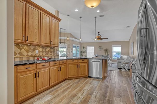 Interior, Kitchen, Living room, Pendant Lights, Recessed Lighting, Wood Texture Flooring