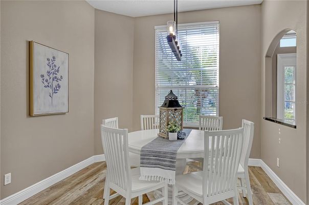 Dining room, Interior, Pendant Lights, Wood Texture Flooring