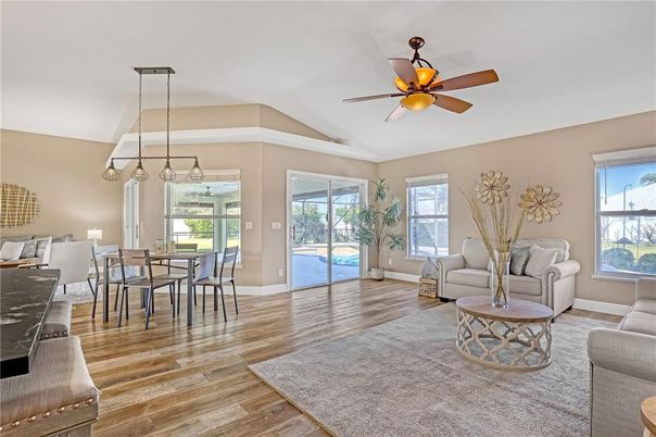 Dining room, Interior, Living room, Pendant Lights, Wood Texture Flooring