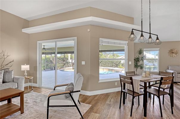 Dining room, Interior, Pendant Lights, Wood Texture Flooring