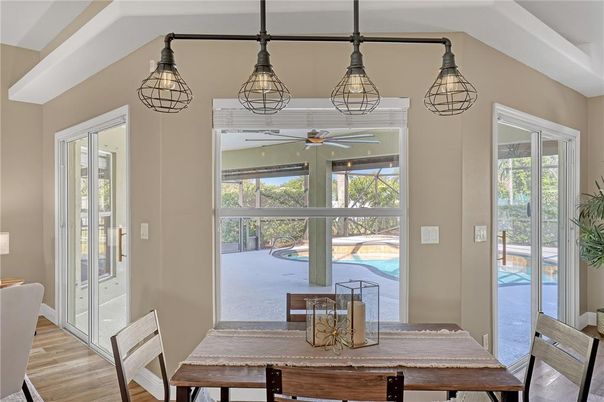 Dining room, Interior, Pendant Lights, Wood Texture Flooring