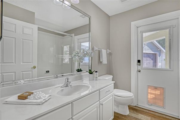 Bathroom, Glass Shower, Interior, Wood Texture Flooring