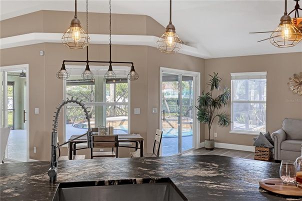 Dining room, Interior, Pendant Lights, Wood Texture Flooring